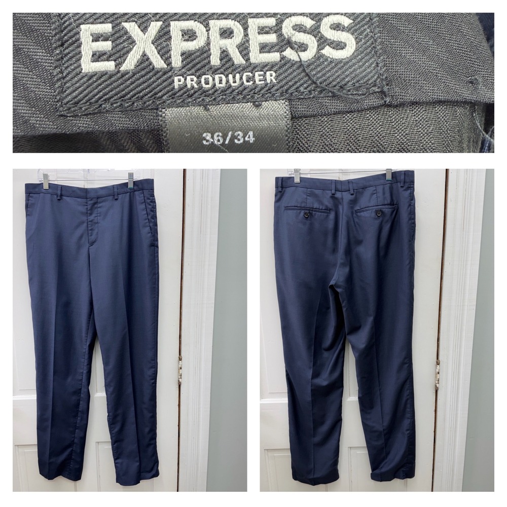 Express Navy Blue Wool Blend Dress‎ Pants Men's 36x34 Flat Front Trousers